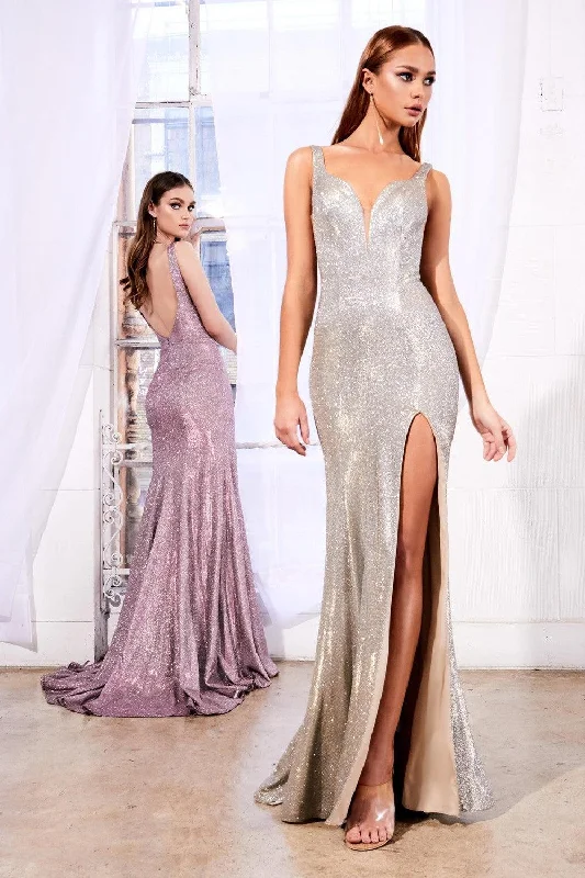 Cinderella Divine KC876 Long Metallic Prom Sexy Slit Gown