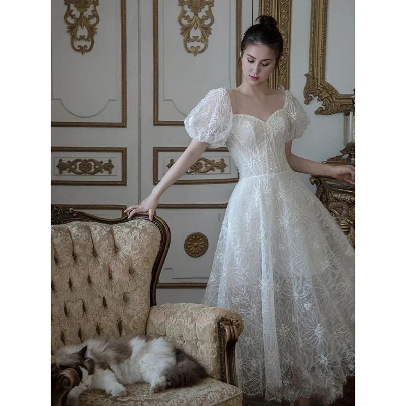 Wedding Dress A Line Tulle Short Sleeves Heart-Shaped Collar Lace Formal Wear Dresses