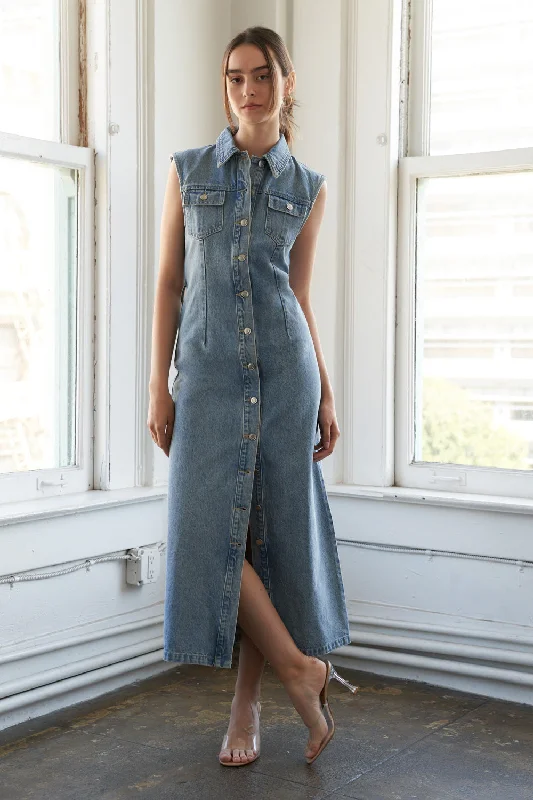 JUST FOLLOW ME DENIM MIDI DRESS