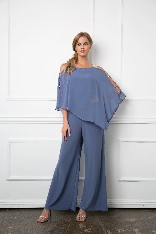 Slate Blue XL Formal Chiffon Cape Overlay Jumpsuit Sale