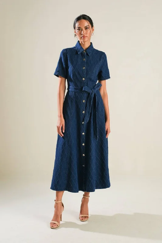 CONFIDENT STRIDES DENIM MIDI DRESS