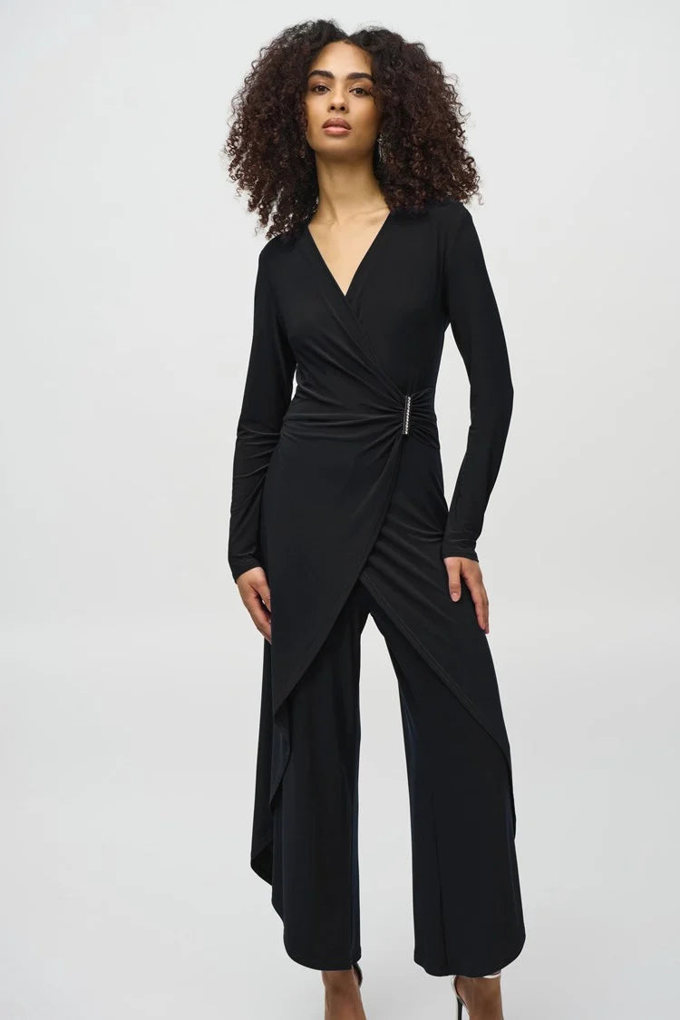 Joseph Ribkoff Black Silky Knit Wrap Culotte Jumpsuit