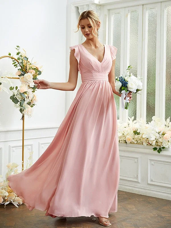 A-Line/Princess Chiffon Ruched V-neck Sleeveless Floor-Length Bridesmaid Dresses