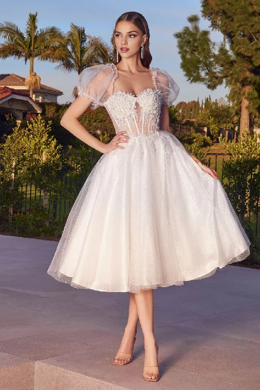 Wedding Dress A-Line Lace Bodice Puff Sleeves Layered Glitter Tulle Skirt Formal Wear Dresses