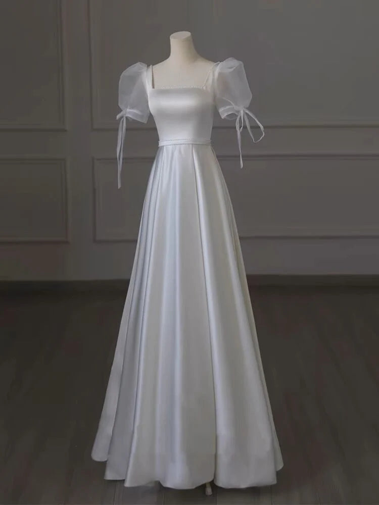 Wedding Dress A Line Elegant Satin Square Neck Long Formal Wear Dresses