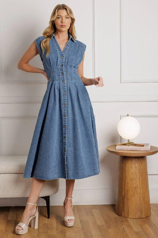 ROSES OF LOVE DENIM MIDI DRESS