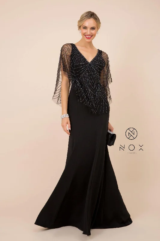 Long Fitted V-Neck Formal Dress with Beaded Cape Prom