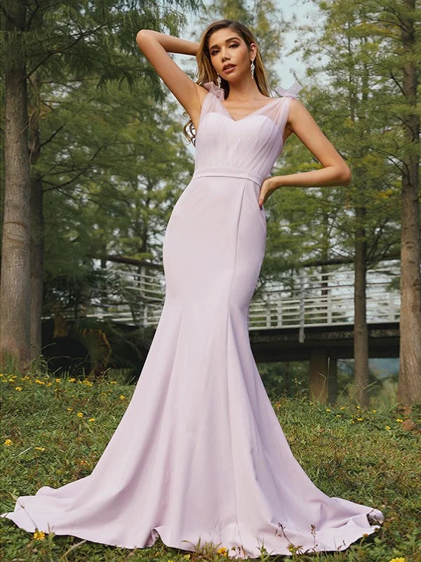 Trumpet/Mermaid Stretch Crepe Ruched V-neck Sleeveless Sweep/Brush Train Bridesmaid Dresses