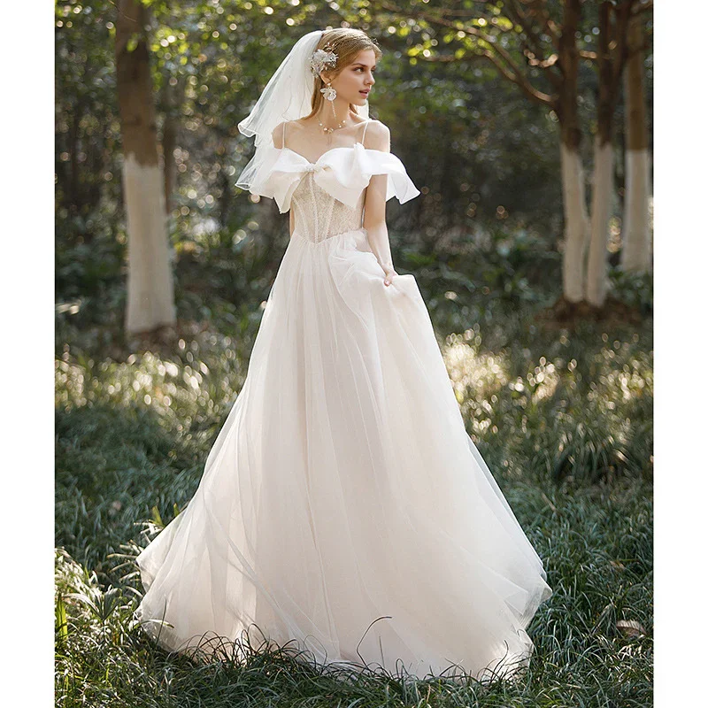 Wedding Dress Spaghetti Strap Bow knot Neck Fantastic Atmosphere Long Formal Wear Dresses Without a veil