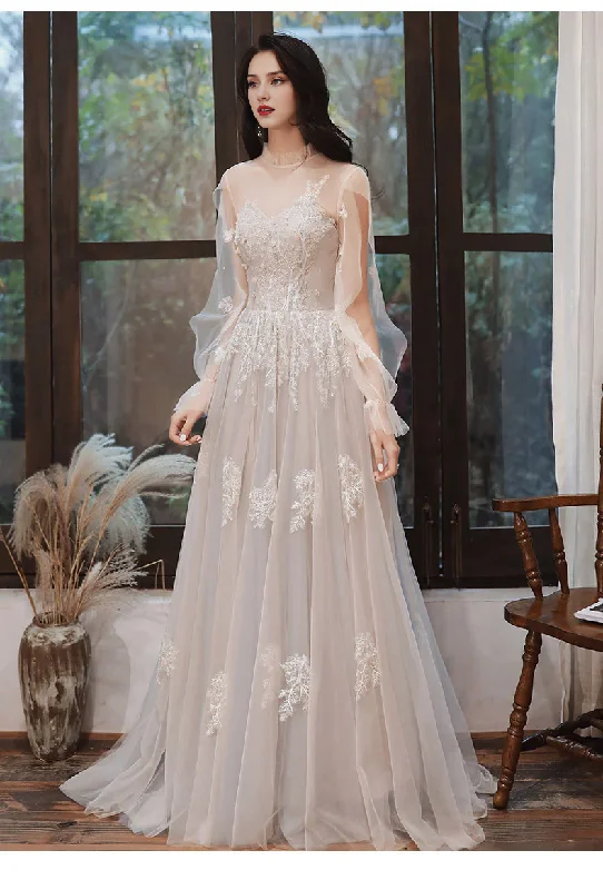 Wedding Dress Long Sleeves Lace Tulle A Line Long Elegant Fantastic Luxury Formal Wear Dresses