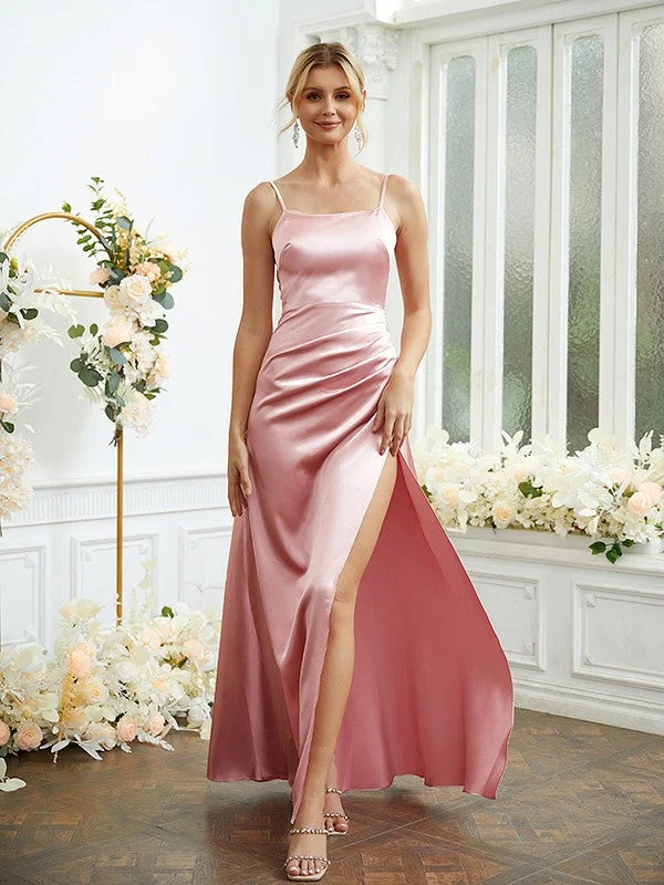 Sheath/Column  Woven Satin Ruched Spaghetti Straps Sleeveless Floor-Length Bridesmaid Dresses