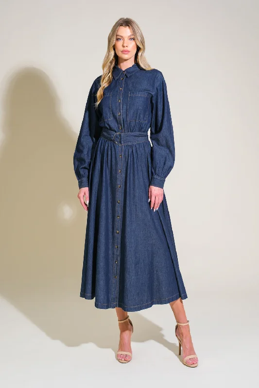 ROMANTICALLY SPEAKING DENIM MIDI DRESS