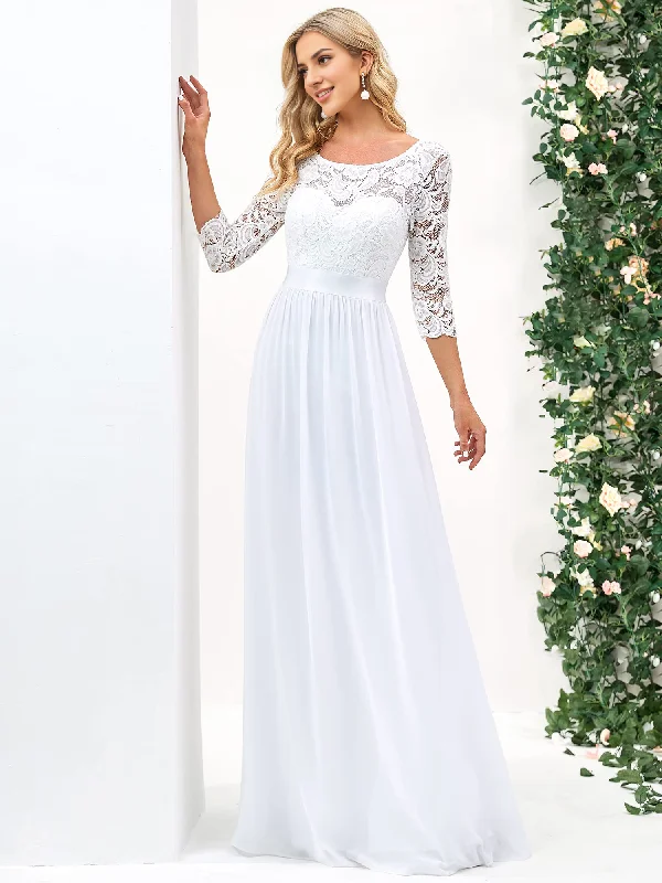 Wedding Dress A-line Round Neck Lace 3/4 Sleeve Chiffon Elegant Simple Formal Women's Dresses