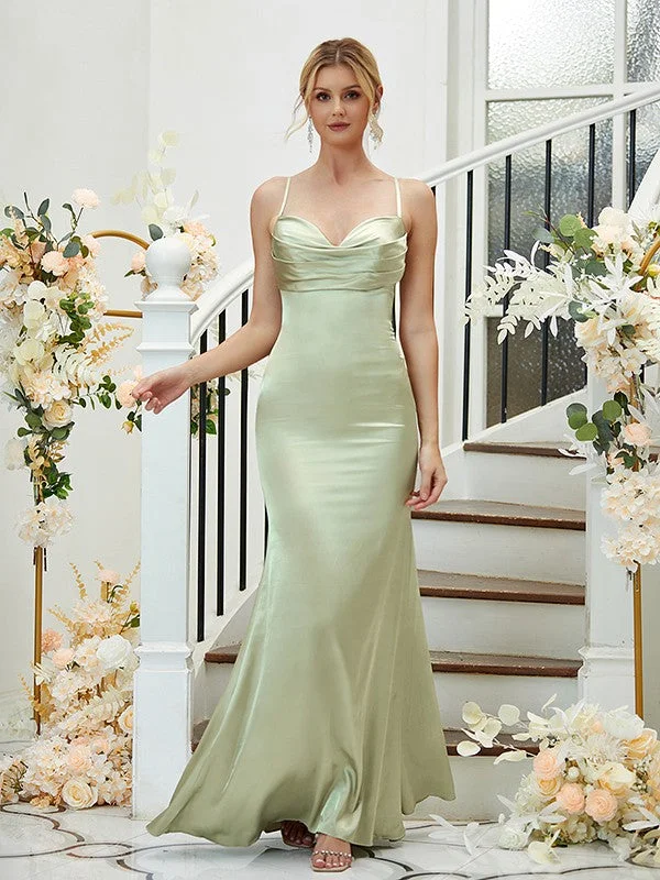 Sheath/Column Silk like Satin Ruched V-neck Sleeveless Floor-Length Bridesmaid Dresses