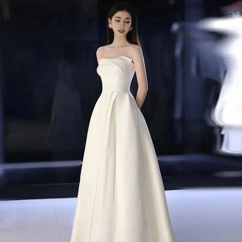 Wedding Dress French Style Strapless Satin Romantic Long Formal Wear Dresses