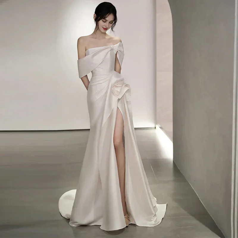 Wedding Dress Sleeveless Off Shoulder Satin Mermaid Cultivate oneself Side Fork Long Formal Wear Dresses