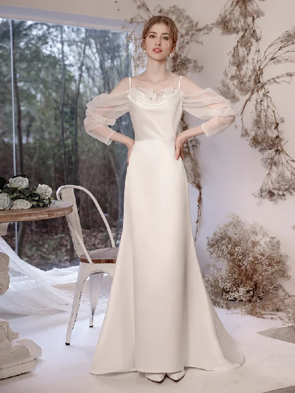 Wedding Dress Spaghetti Strap Long Sleeves V Back Elegant Simple Long Formal Wear Dresses