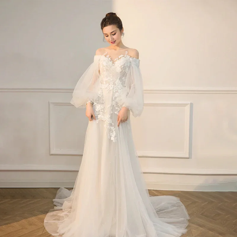 Wedding Dress Long Sleeves Fairy Bridal Off Shoulder Train Lace Applique Formal Wear Dresses