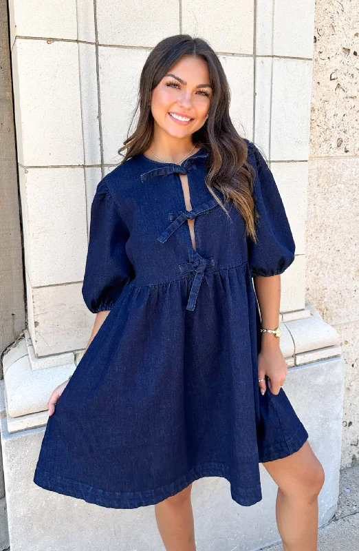 Downtown Daze Dark Washed Denim Bow Dress