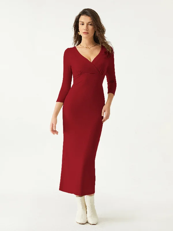 Three Quarter Sleeves Surplice Dress