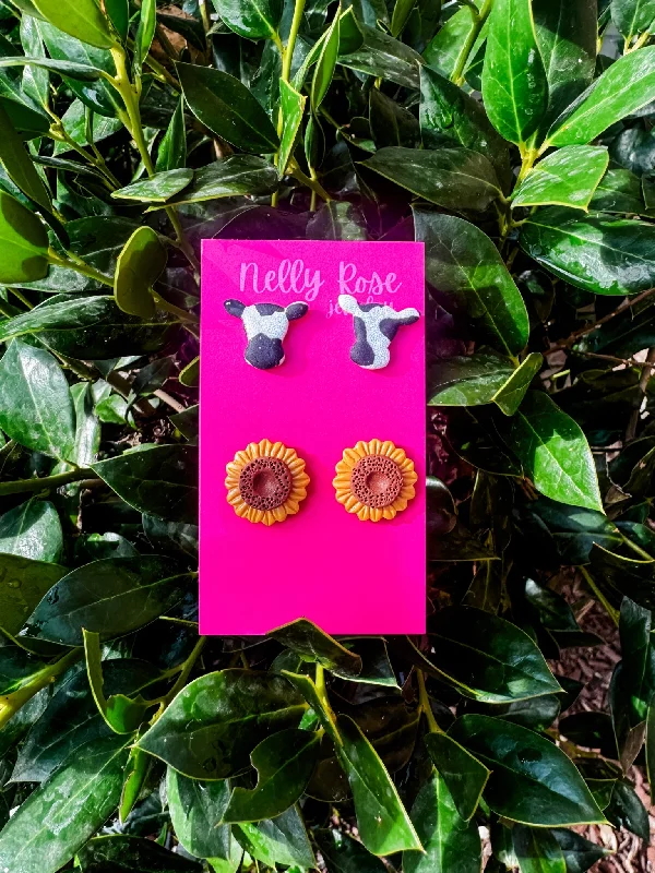 Cow and Sunflower Stud Clay Earrings