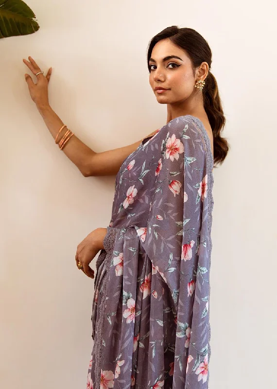 Grey Floral Print Ready to Wear Saree