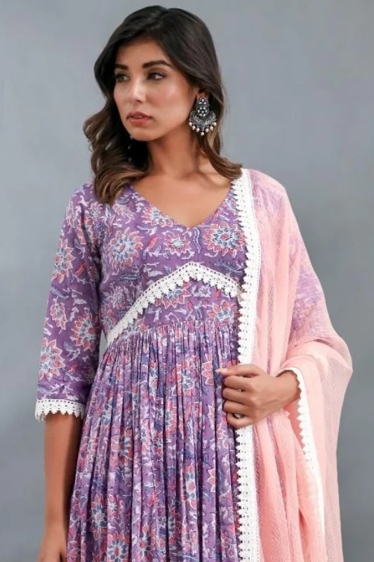 Purple Printed Cross Gather Anarkali Suit Set