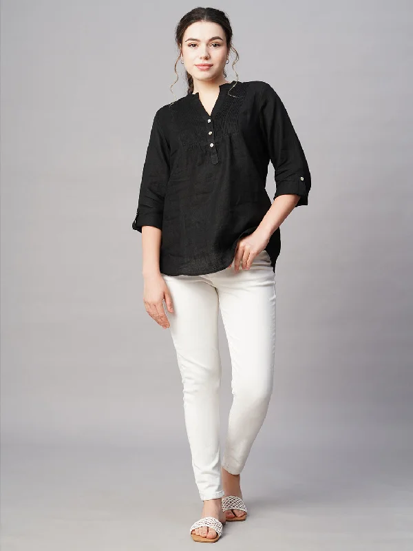 Women's Black Linen Regular Fit Blouse