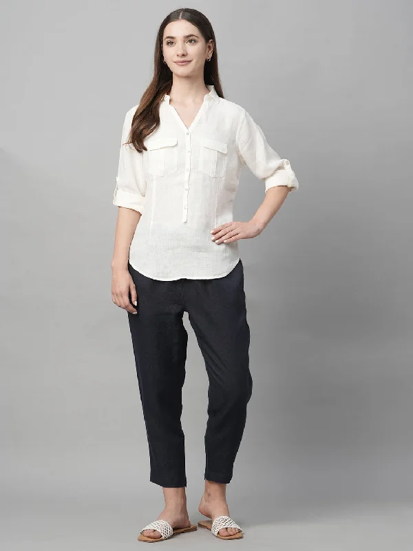 Women's White A Linen Regular Fit Blouse