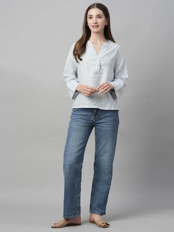 Women's Blue Linen Boxy Fit Blouse