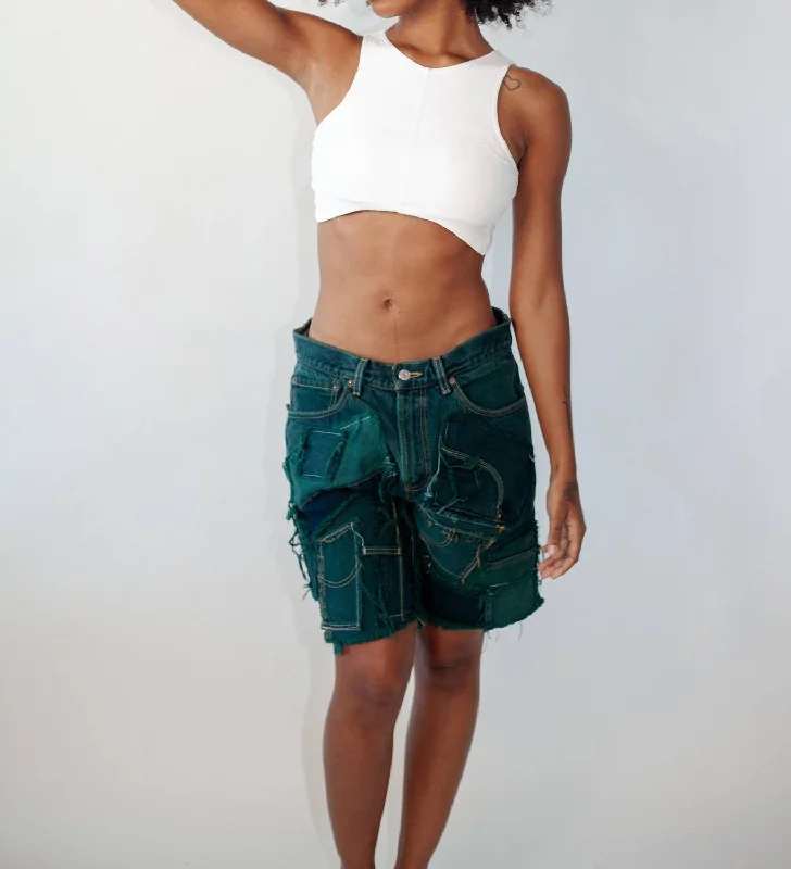 Patched Denim Shorts In Green