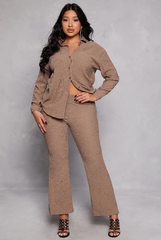 Textured Knit High Waisted Flared Pants