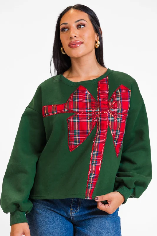 All Tied Up Green Plaid Bow Sweatshirt FINAL SALE