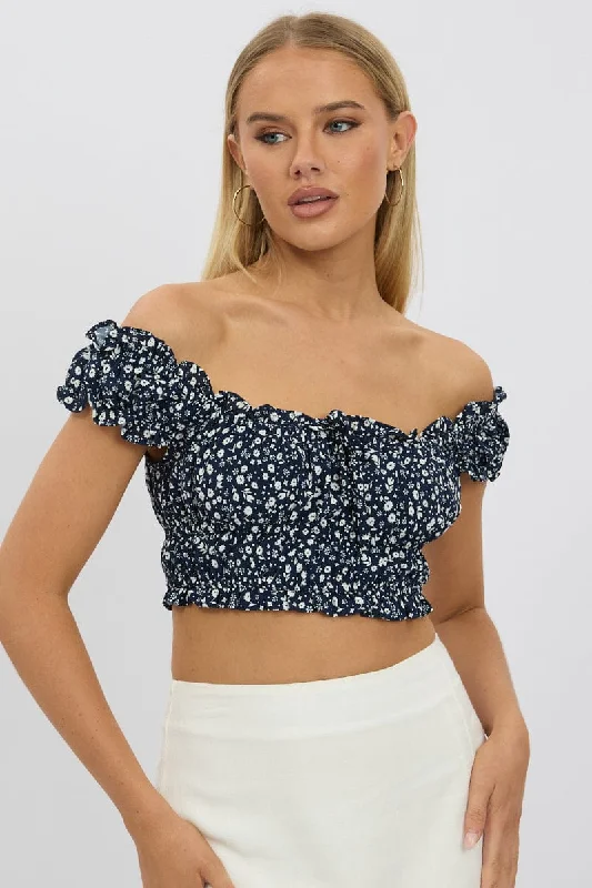 Blue Ditsy Crop Top Short Sleeve Ruched Bust