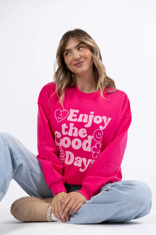 Enjoy Good Days Hot Pink Oversized Graphic Sweatshirt