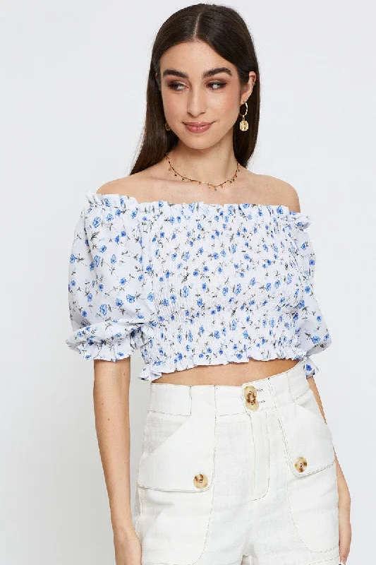 Geo Print Crop Top Short Sleeve Off Shoulder