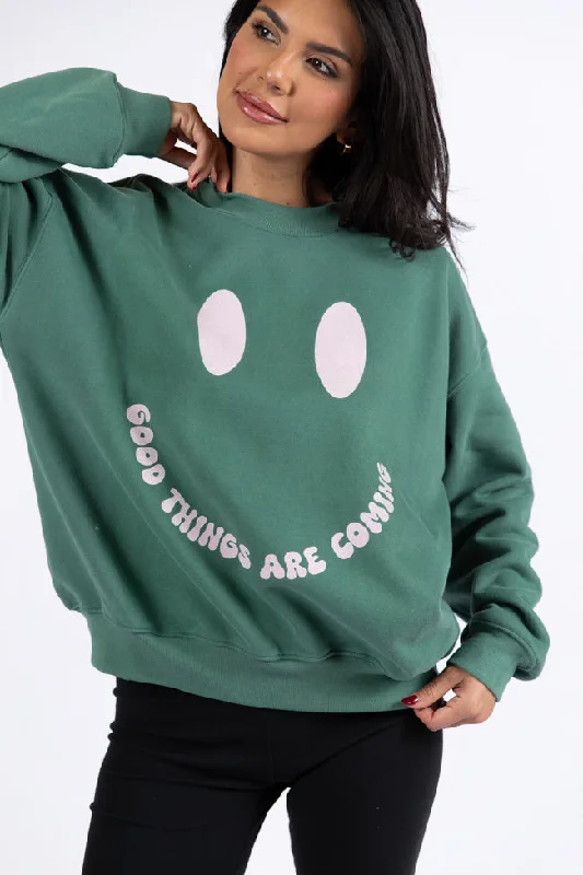 Good Things Are Coming Pine Needle Green Graphic Sweatshirt