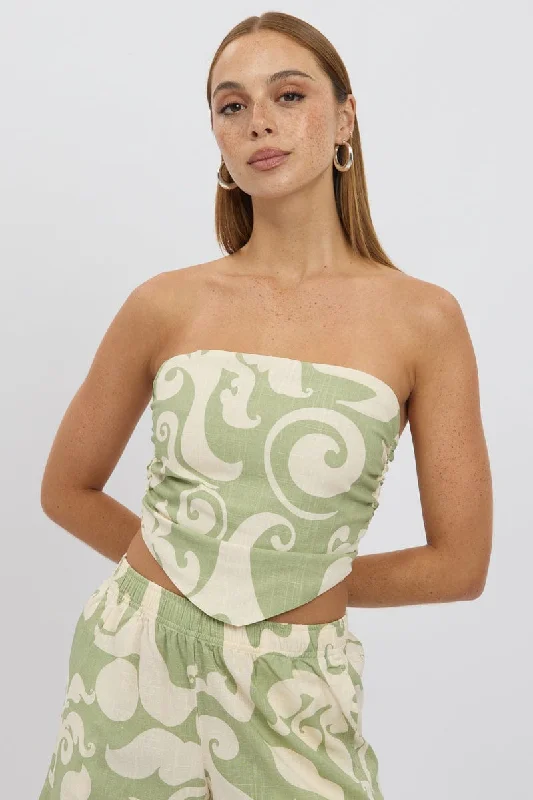 Green Abstract Crop Top Strapless Scarf Linen Blend