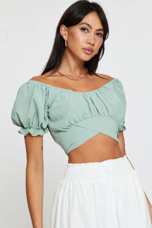 Green Crop Top Short Sleeve Off Shoulder