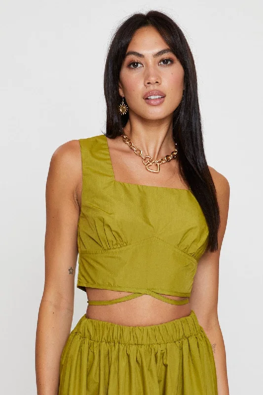 Green Crop Top Sleeveless Gathered Bust