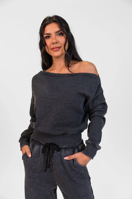 Learn As You Go Black Acid Washed Off The Shoulder Sweatshirt SALE