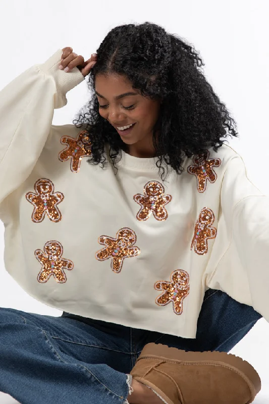 Let's Build A Gingerbread House Cream Sequin Patch Pullover FINAL SALE