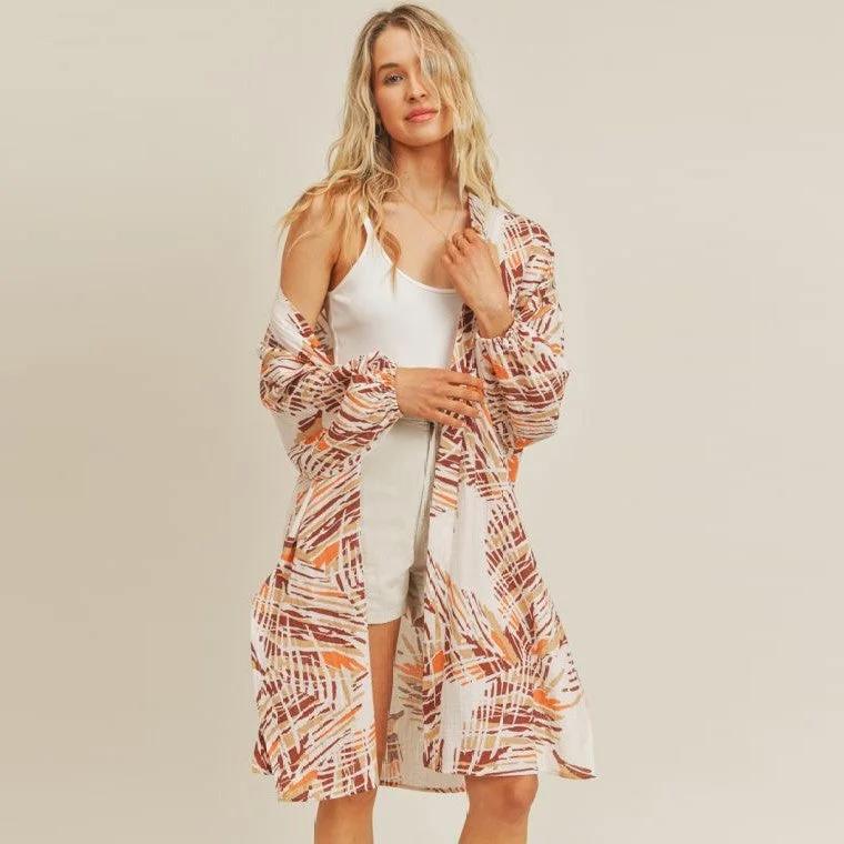 Long Sleeve Printed Kimono (Orange Brown Abstract)