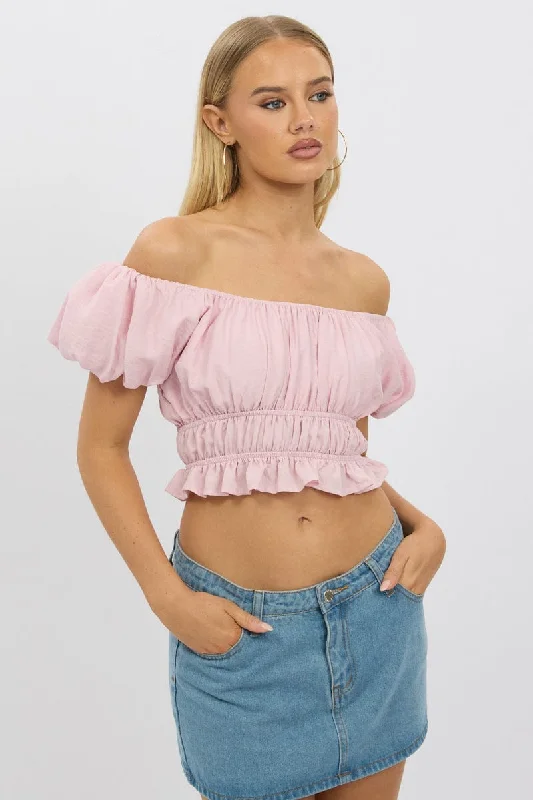 Pink Ruffle Crop Top Puff Sleeve