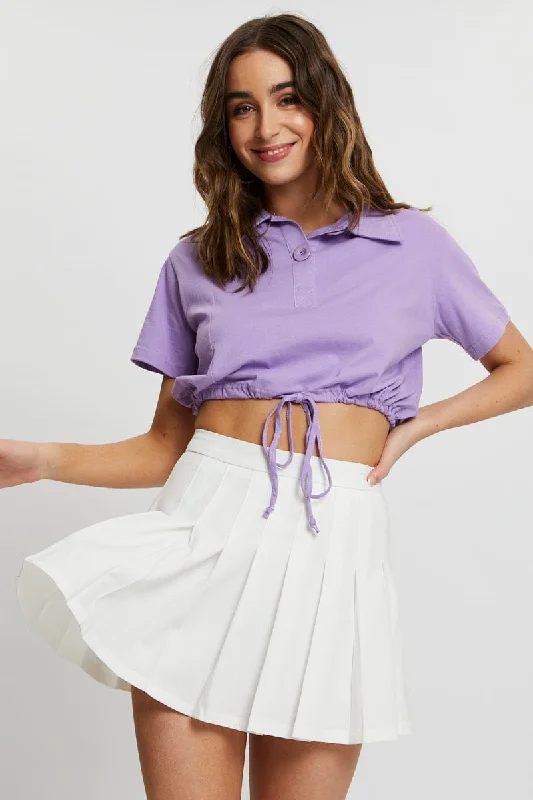 Purple Polo Collar Drawstring Crop Top