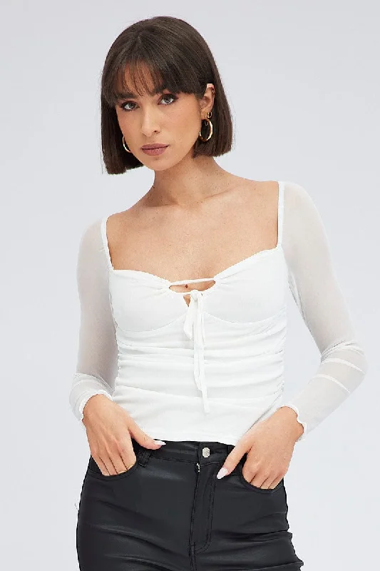 White Top Long Sleeve Sweetheart Keyhole Ruched Mesh