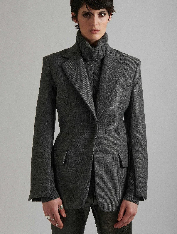 Grey whipcord suit jacket with zipped sleeves