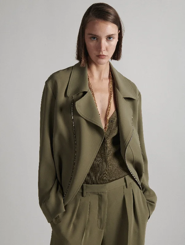 Khaki fluid crepe biker jacket