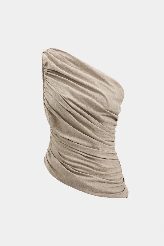 Linen Ruched One Shoulder Tank Top