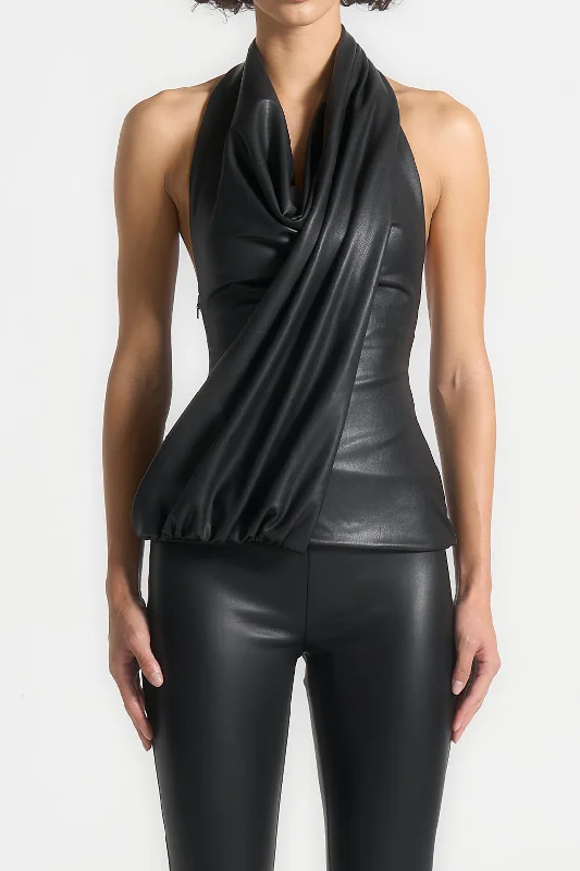 Faux Leather Backless Ruched Sleeveless Tank Top